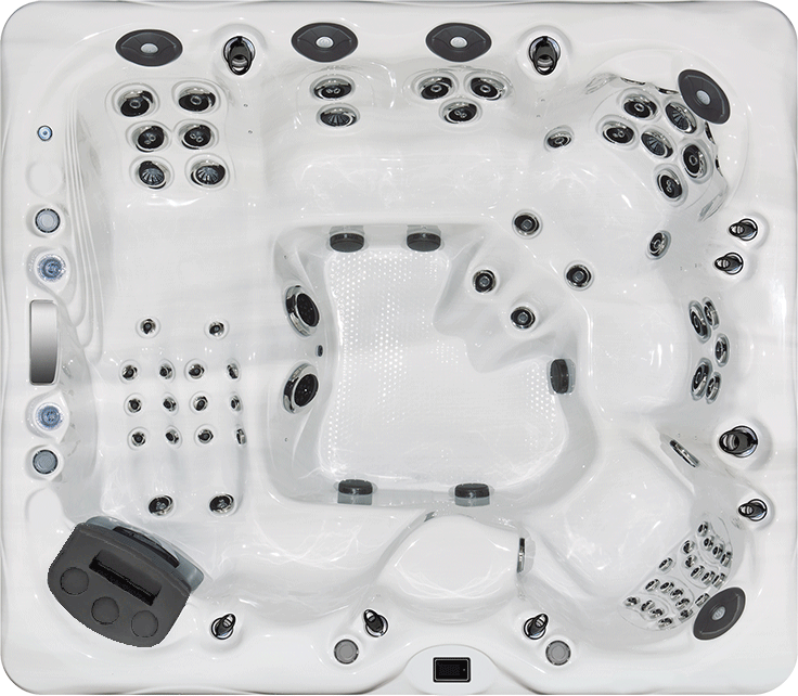 Top view of a hot tub with multiple jets and control panel.
